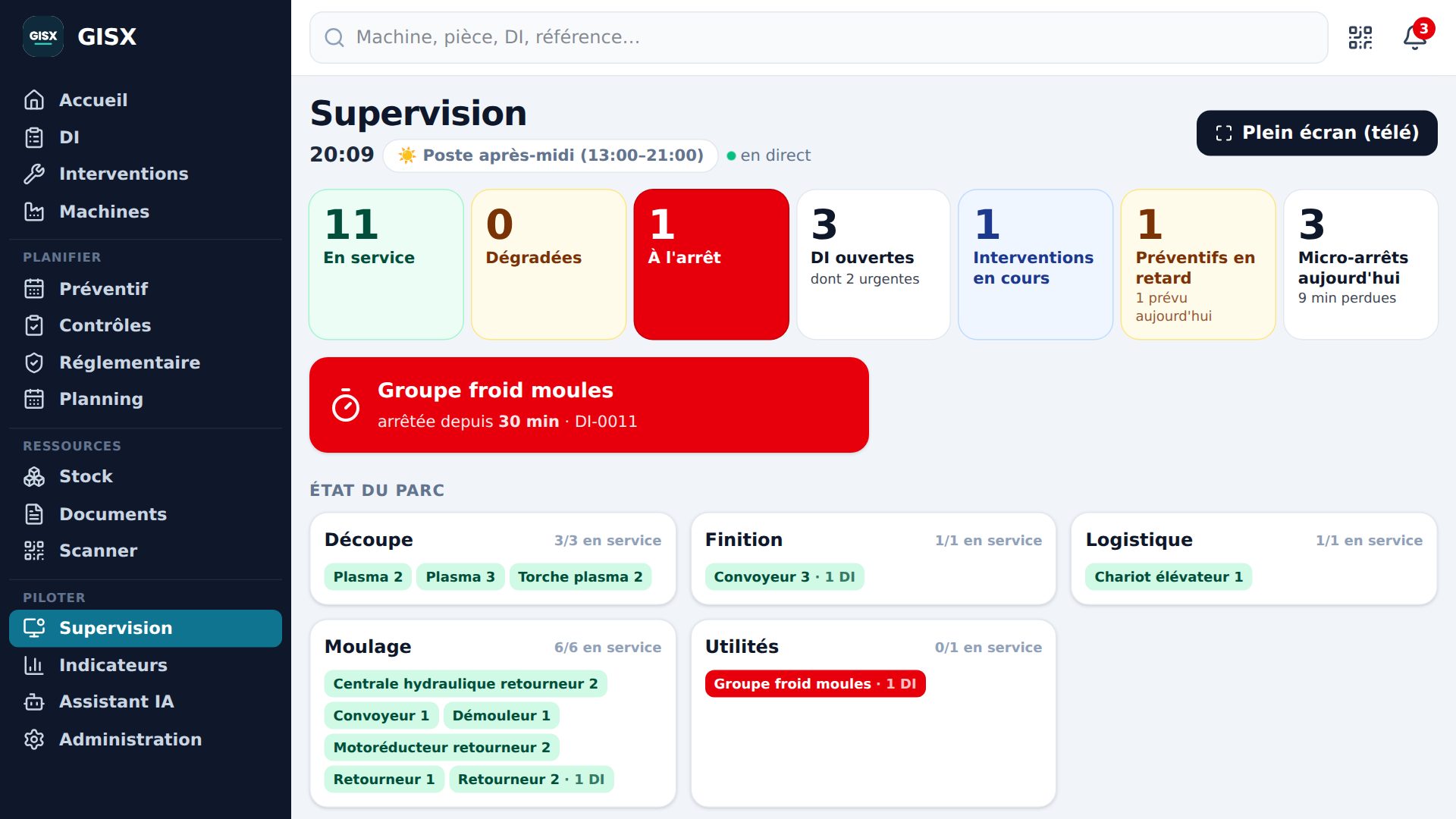 Écran de supervision du logiciel GISX GMAO